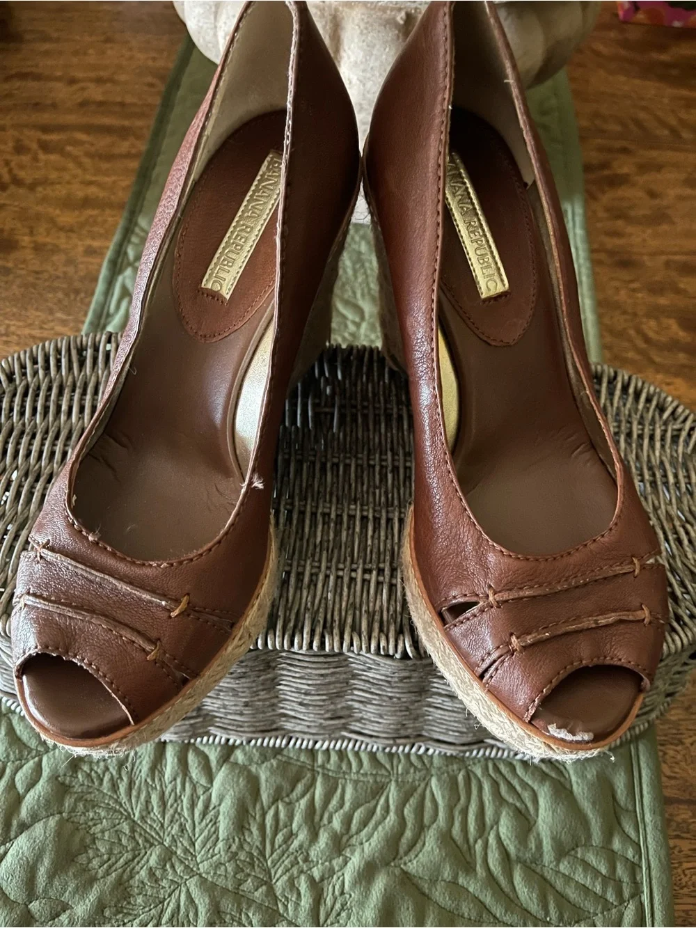 Banana Republic Brown Leather Peep-Toe Espadrille Wedges